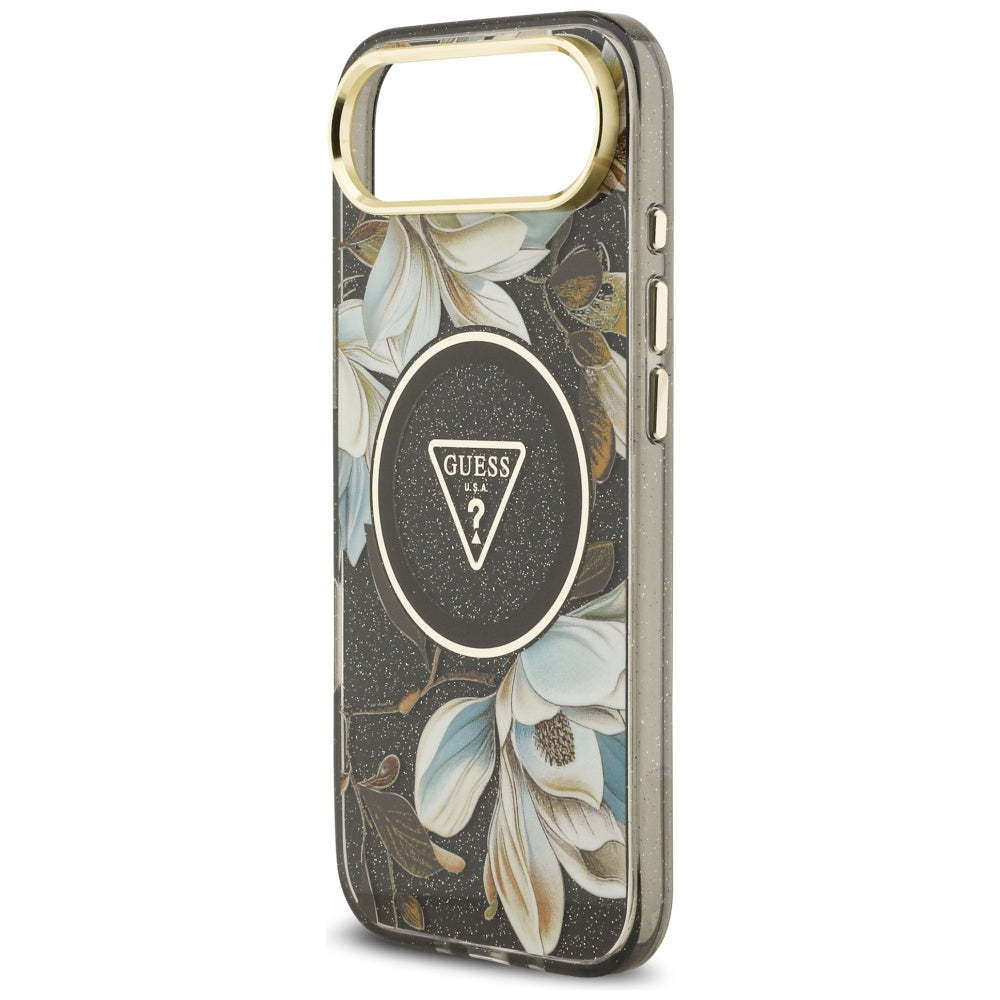 MagSafe-kotelo Apple iPhone 17 Airille, Guess, IML Metal Glitter Flowers Triangle, Musta