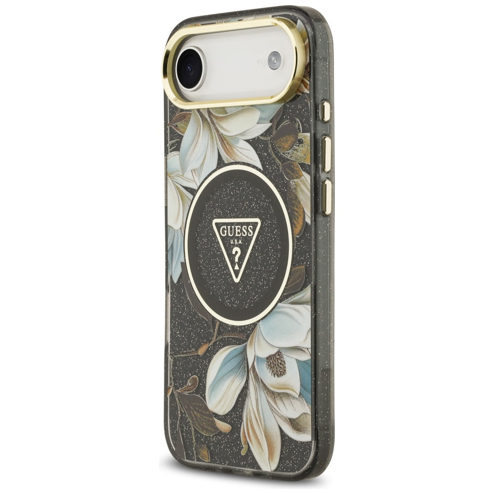 MagSafe-kotelo Apple iPhone 17 Airille, Guess, IML Metal Glitter Flowers Triangle, Musta