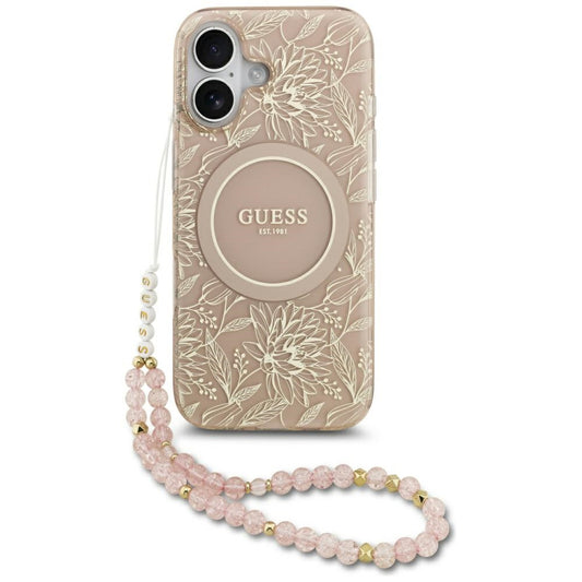 MagSafe-kotelo Apple iPhone 17:lle, Guess, IML Flowers Allover Electroplated with Pearl Strap, Musta