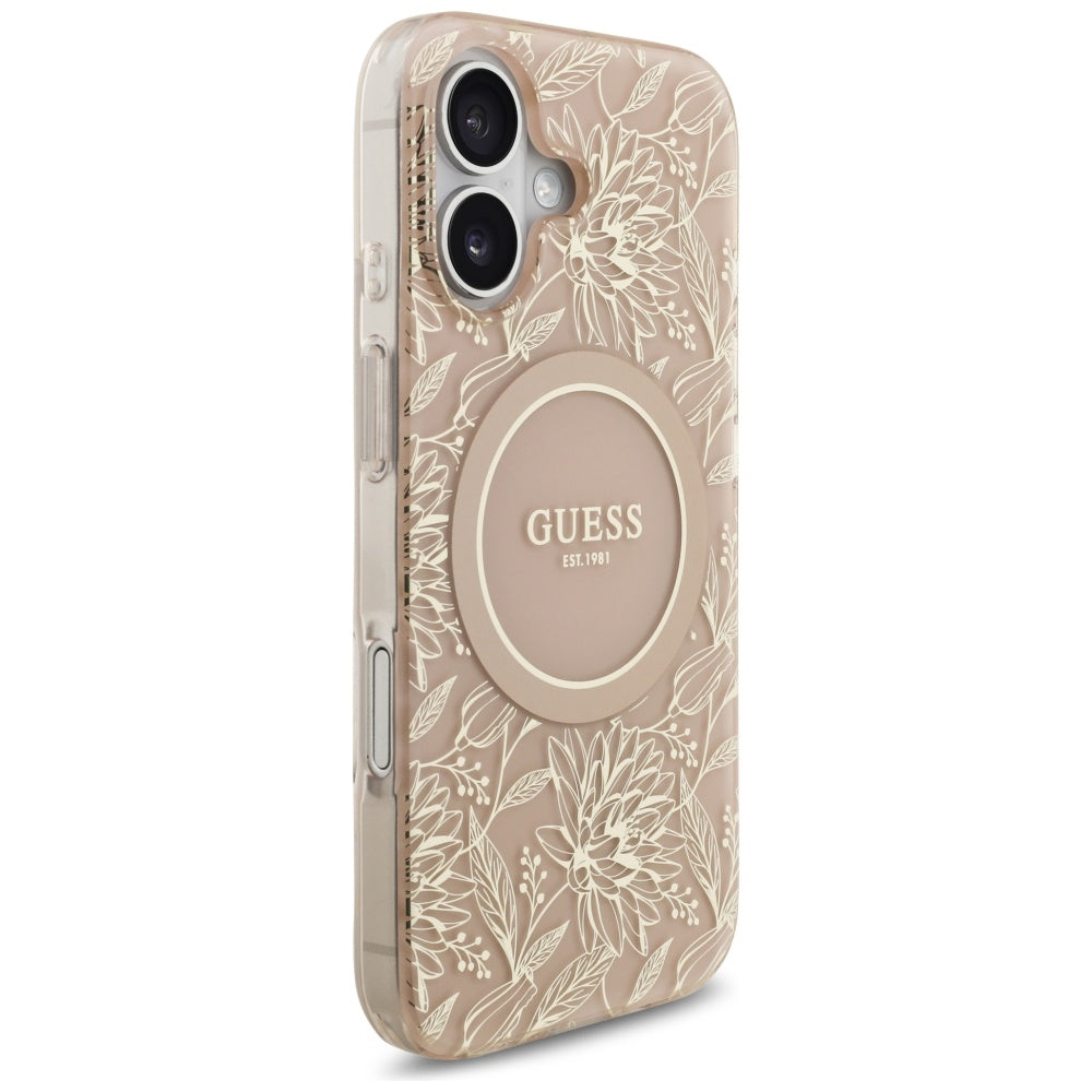 MagSafe-kotelo Apple iPhone 17:lle, Guess, IML Flowers Allover Electroplated with Pearl Strap, Musta
