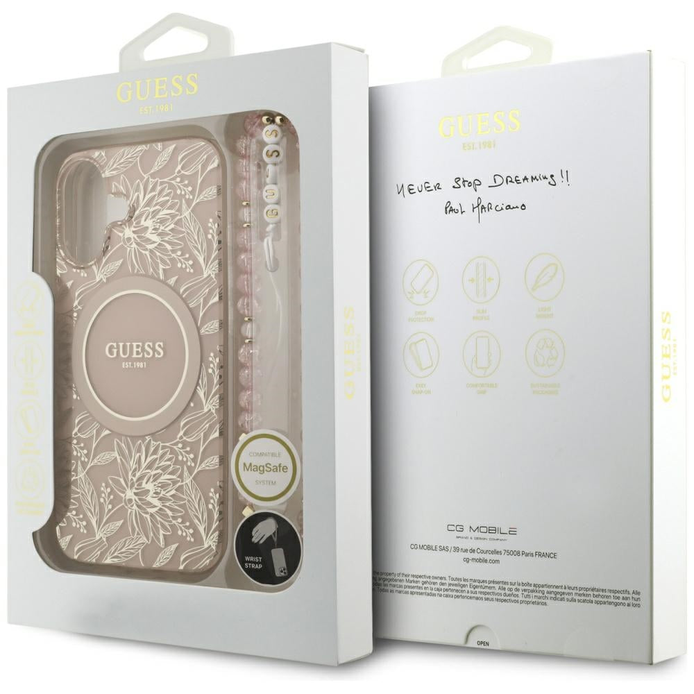 MagSafe-kotelo Apple iPhone 17:lle, Guess, IML Flowers Allover Electroplated with Pearl Strap, Musta