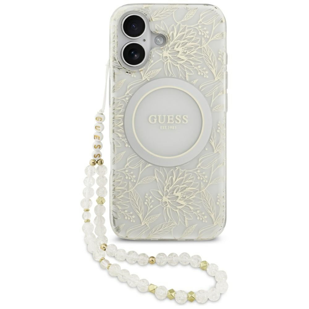 MagSafe-kotelo Apple iPhone 17:lle, Guess, IML Flowers with Pearl Strap, Valkoinen
