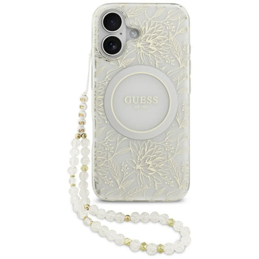 MagSafe-kotelo Apple iPhone 17:lle, Guess, IML Flowers with Pearl Strap, Valkoinen