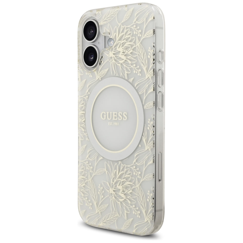 MagSafe-kotelo Apple iPhone 17:lle, Guess, IML Flowers with Pearl Strap, Valkoinen