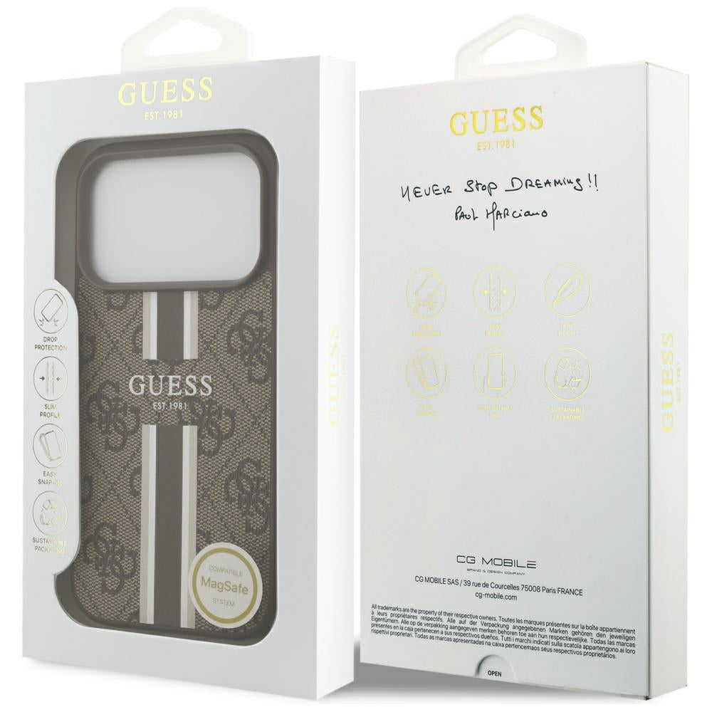 MagSafe-kotelo Apple iPhone 17 Prolle, Guess, 4G Printed Stripes, Ruskea