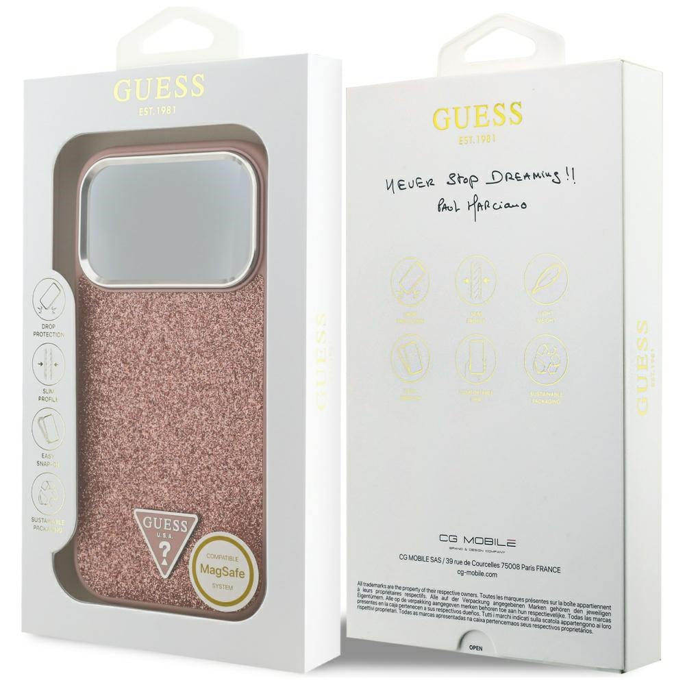 MagSafe-kotelo Apple iPhone 17 Prolle, Guess, Glitter Triangle Logo, Pinkki