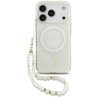 MagSafe-kotelo Apple iPhone 17 Prolle, Guess, IML Flowers Allover Electroplated with Pearl Strap, Valkoinen