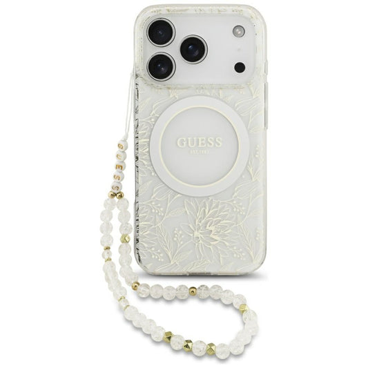 MagSafe-kotelo Apple iPhone 17 Prolle, Guess, IML Flowers Allover Electroplated with Pearl Strap, Valkoinen