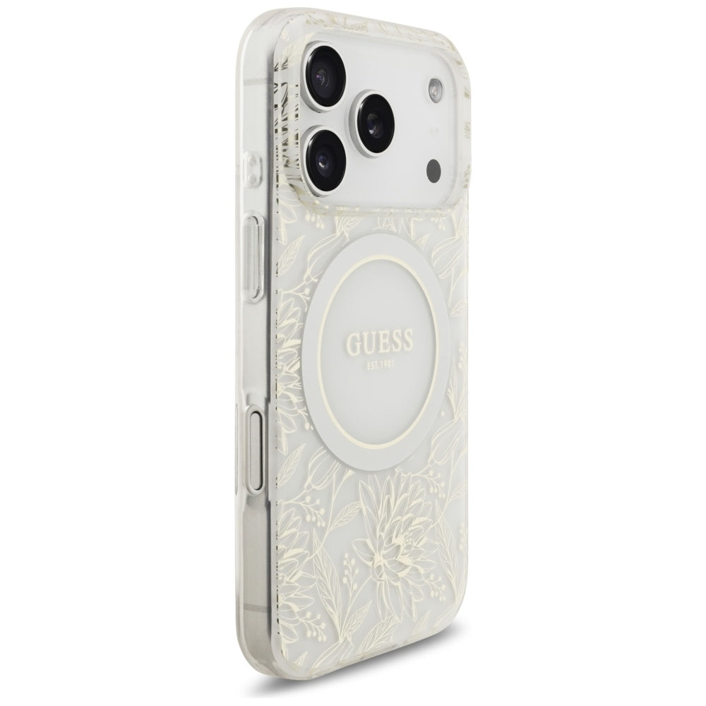 MagSafe-kotelo Apple iPhone 17 Prolle, Guess, IML Flowers Allover Electroplated with Pearl Strap, Valkoinen