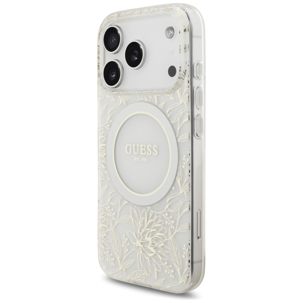 MagSafe-kotelo Apple iPhone 17 Prolle, Guess, IML Flowers Allover Electroplated with Pearl Strap, Valkoinen