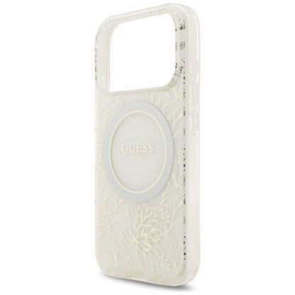 MagSafe-kotelo Apple iPhone 17 Prolle, Guess, IML Flowers Allover Electroplated with Pearl Strap, Valkoinen