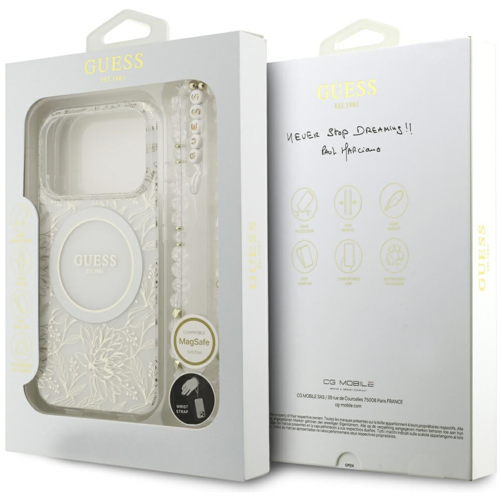 MagSafe-kotelo Apple iPhone 17 Prolle, Guess, IML Flowers Allover Electroplated with Pearl Strap, Valkoinen