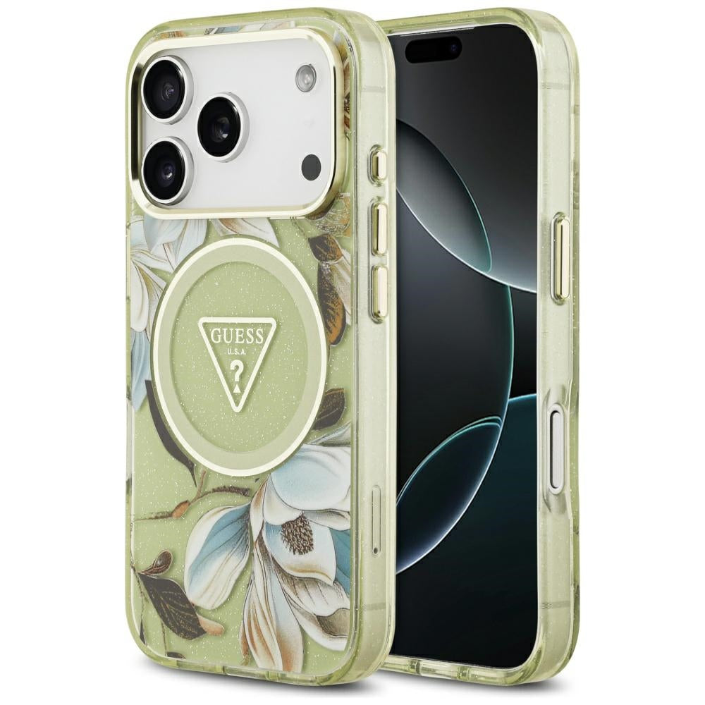 MagSafe-kotelo Apple iPhone 17 Prolle, Guess, IML Metal Glitter Flowers Triangle, Vihreä