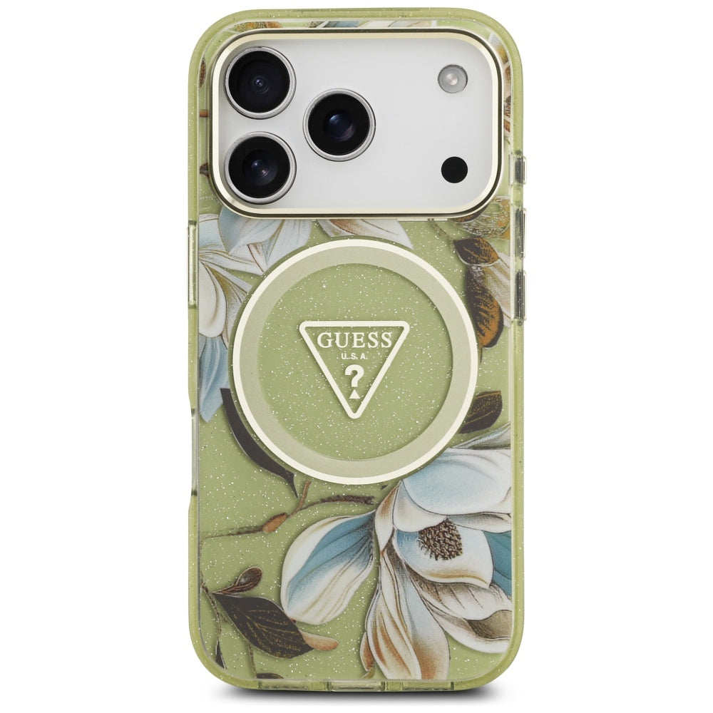 MagSafe-kotelo Apple iPhone 17 Prolle, Guess, IML Metal Glitter Flowers Triangle, Vihreä