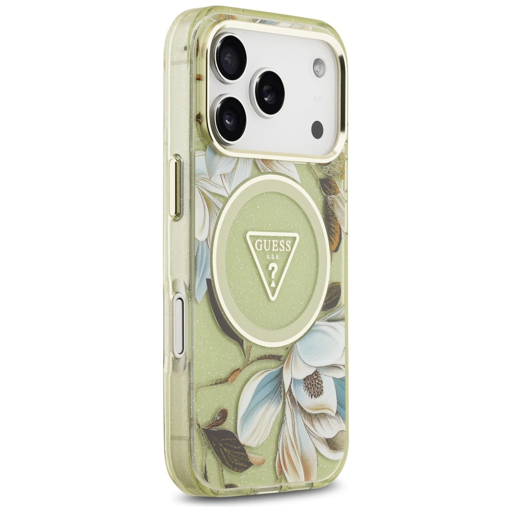 MagSafe-kotelo Apple iPhone 17 Prolle, Guess, IML Metal Glitter Flowers Triangle, Vihreä