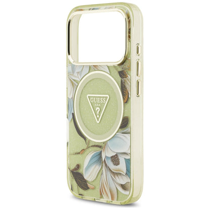 MagSafe-kotelo Apple iPhone 17 Prolle, Guess, IML Metal Glitter Flowers Triangle, Vihreä