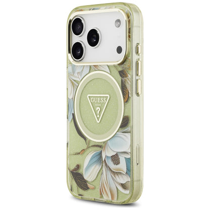 MagSafe-kotelo Apple iPhone 17 Prolle, Guess, IML Metal Glitter Flowers Triangle, Vihreä
