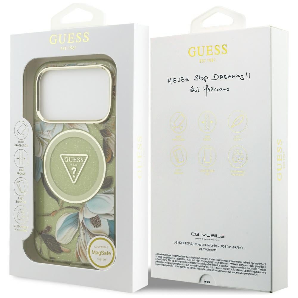 MagSafe-kotelo Apple iPhone 17 Prolle, Guess, IML Metal Glitter Flowers Triangle, Vihreä
