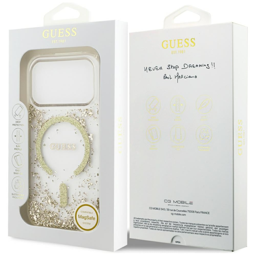 MagSafe-kotelo Apple iPhone 17 Prolle, Guess, Resin Bottom Glitter, Kultainen