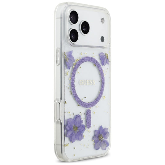 MagSafe-kotelo Apple iPhone 17 Prolle, Guess, Resin Flowers and Glitter, Liila