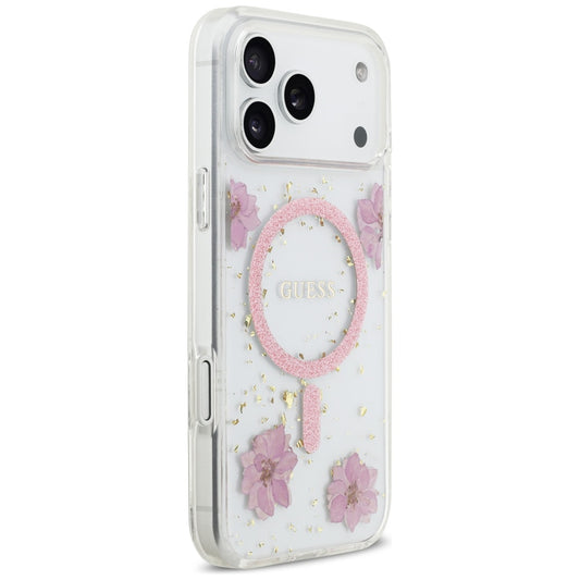 MagSafe-kotelo Apple iPhone 17 Prolle, Guess, Resin Flowers and Glitter, Pinkki