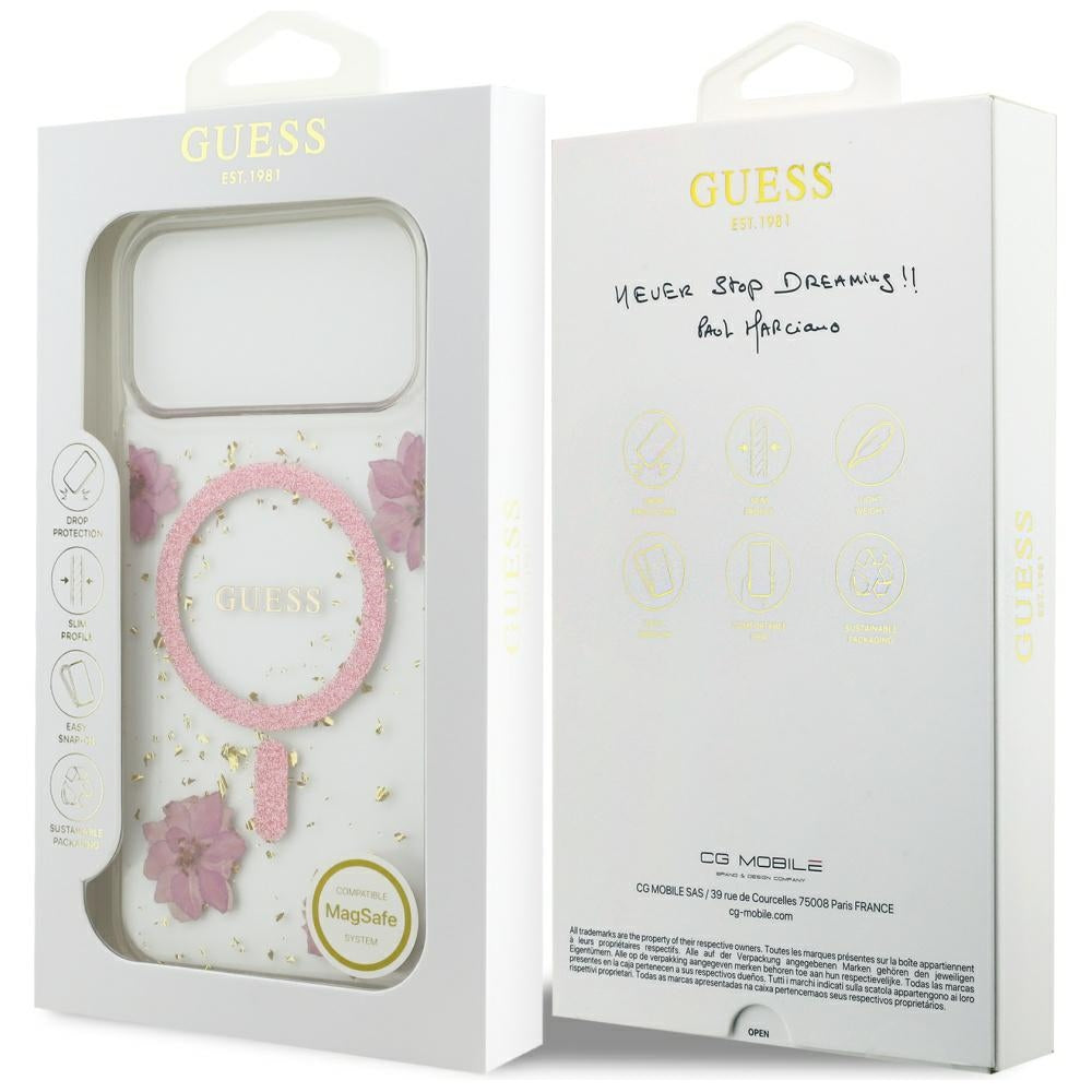MagSafe-kotelo Apple iPhone 17 Prolle, Guess, Resin Flowers and Glitter, Pinkki