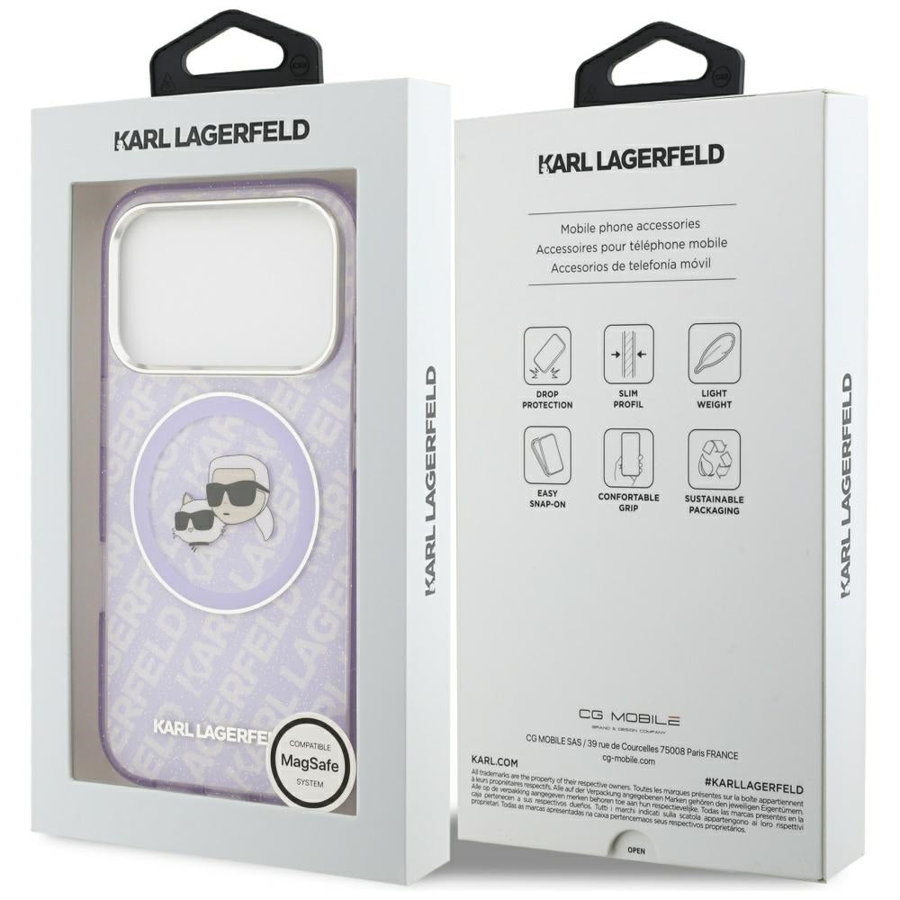 MagSafe-kotelo Apple iPhone 17 Prolle, Karl Lagerfeld, IML Glitter Karl & Choupette's Heads, Violetti