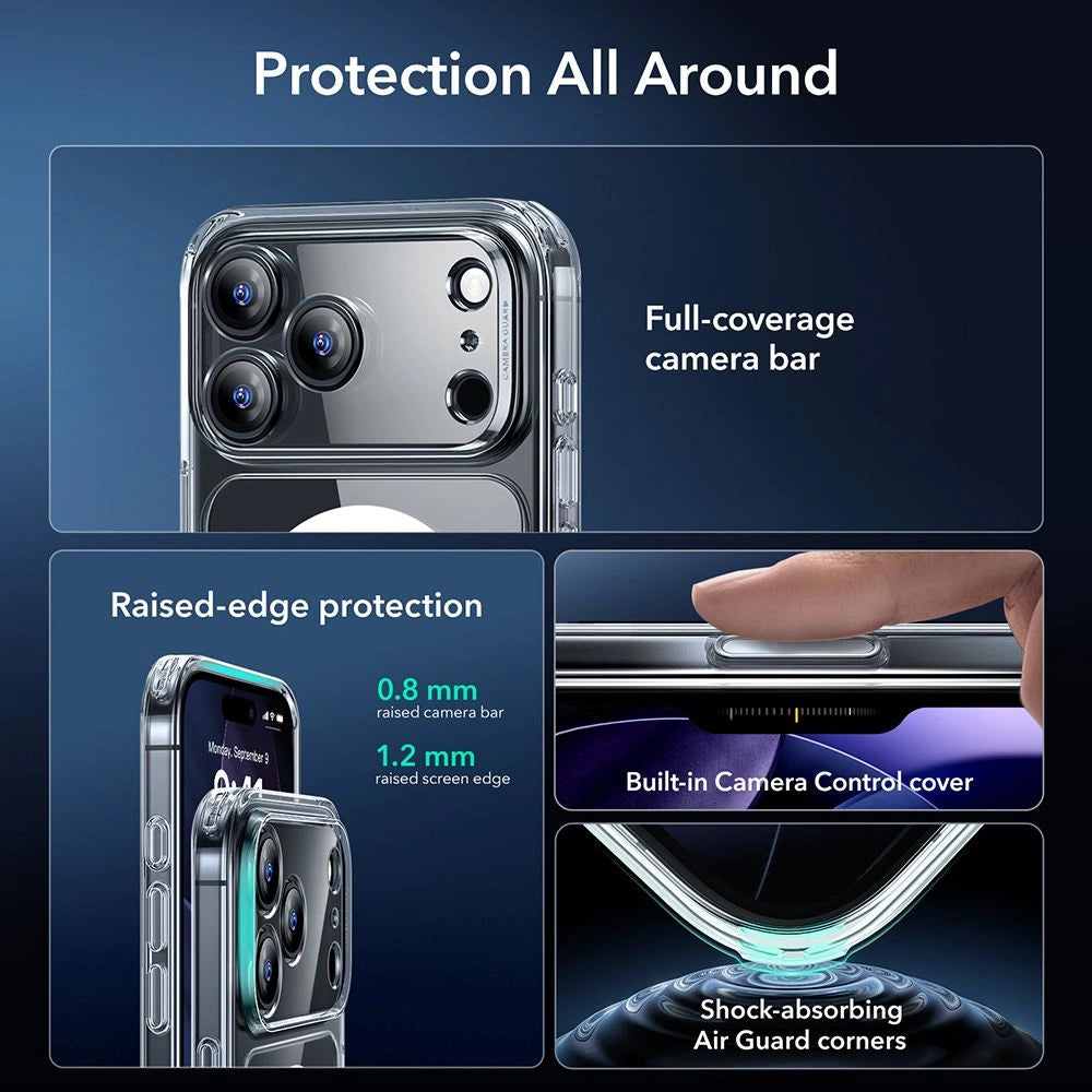 MagSafe-kotelo Apple iPhone 17 Pro Max:lle, ESR, Classic Hybrid näytönsuojalla, Läpinäkyvä