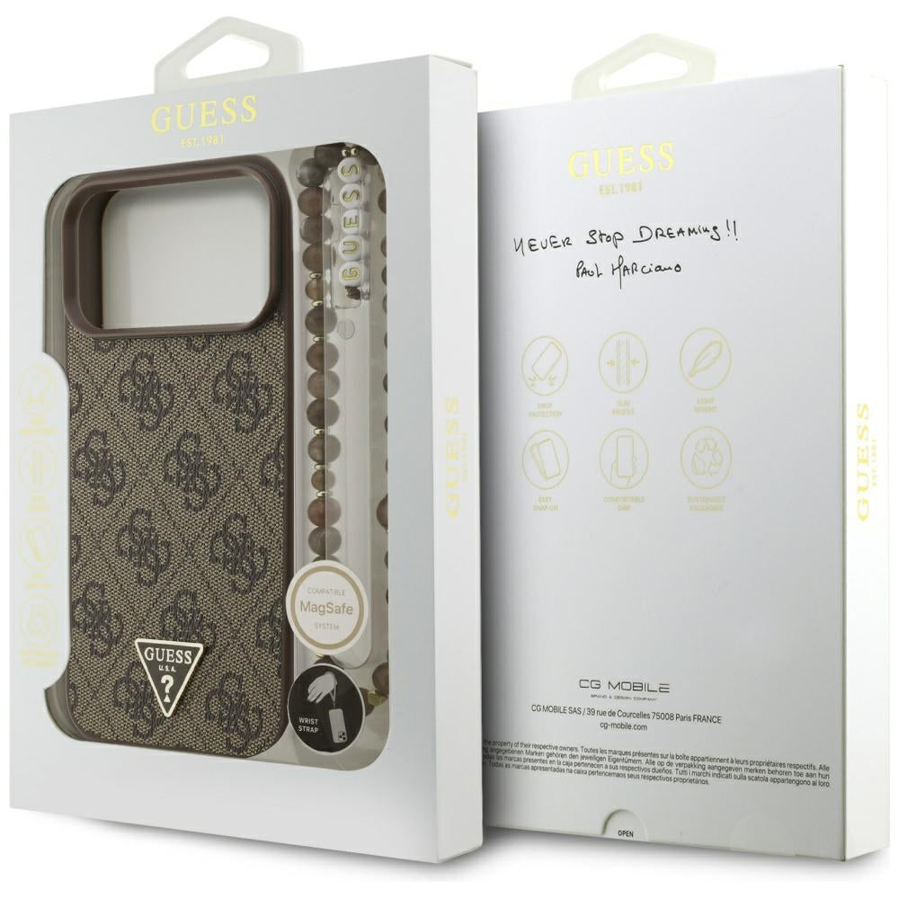 MagSafe-kotelo Apple iPhone 17 Pro Maxille, Guess, 4G Triangle Logo Cord Strap, Ruskea