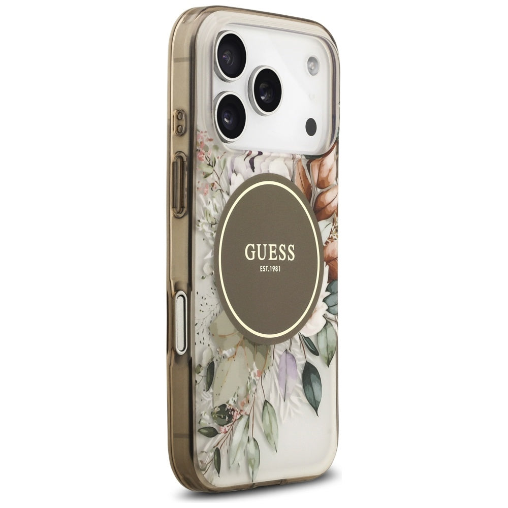 MagSafe-kotelo Apple iPhone 17 Pro Maxille, Guess, IML Flower & Tonal Circle, Ruskea