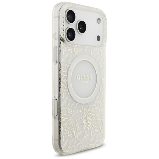 MagSafe-kotelo Apple iPhone 17 Pro Maxille, Guess, IML Flowers Allover Electroplated with Pearl Strap, Valkoinen