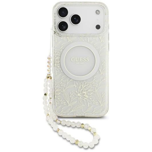 MagSafe-kotelo Apple iPhone 17 Pro Maxille, Guess, IML Flowers Allover Electroplated with Pearl Strap, Valkoinen