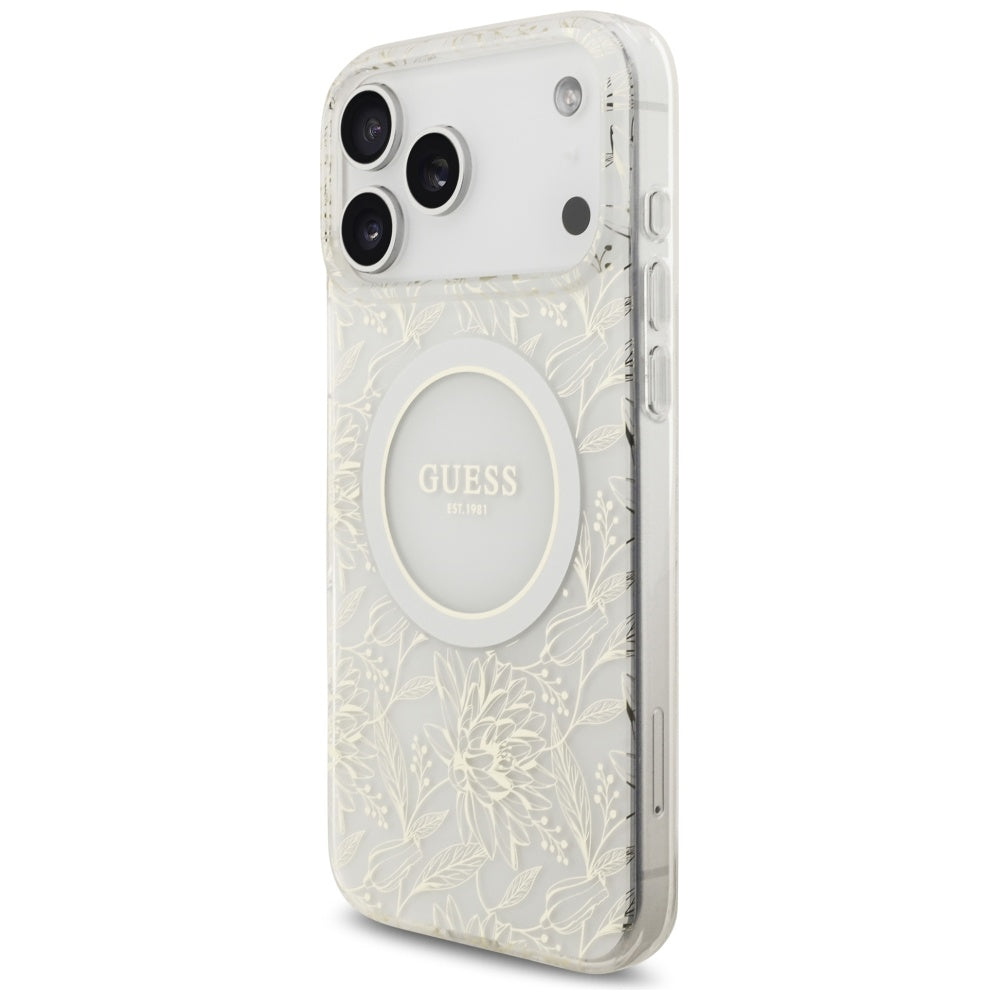 MagSafe-kotelo Apple iPhone 17 Pro Maxille, Guess, IML Flowers Allover Electroplated with Pearl Strap, Valkoinen