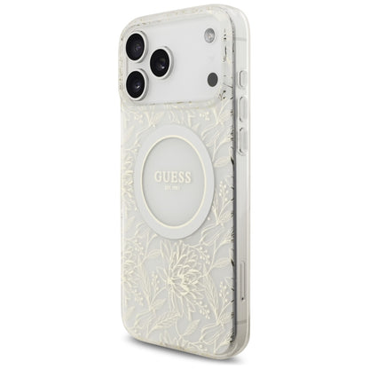 MagSafe-kotelo Apple iPhone 17 Pro Maxille, Guess, IML Flowers Allover Electroplated with Pearl Strap, Valkoinen