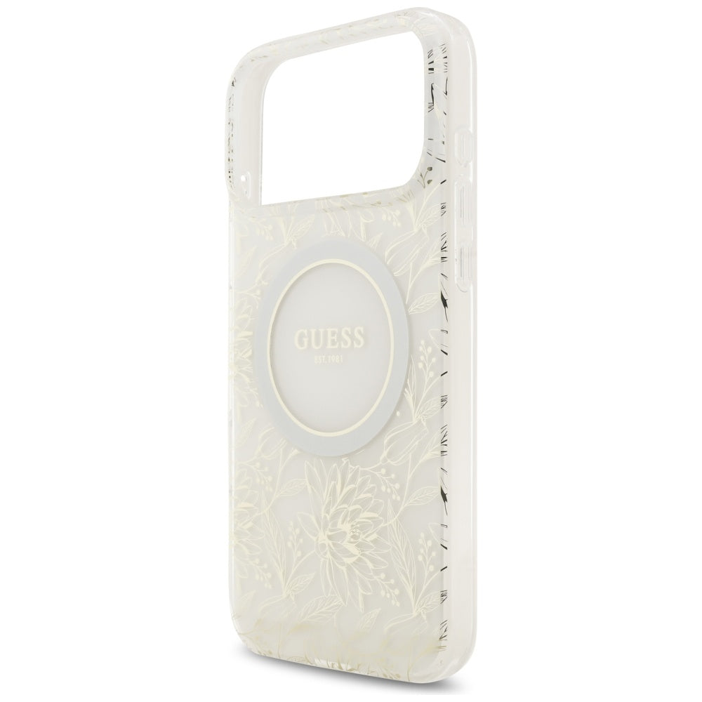 MagSafe-kotelo Apple iPhone 17 Pro Maxille, Guess, IML Flowers Allover Electroplated with Pearl Strap, Valkoinen