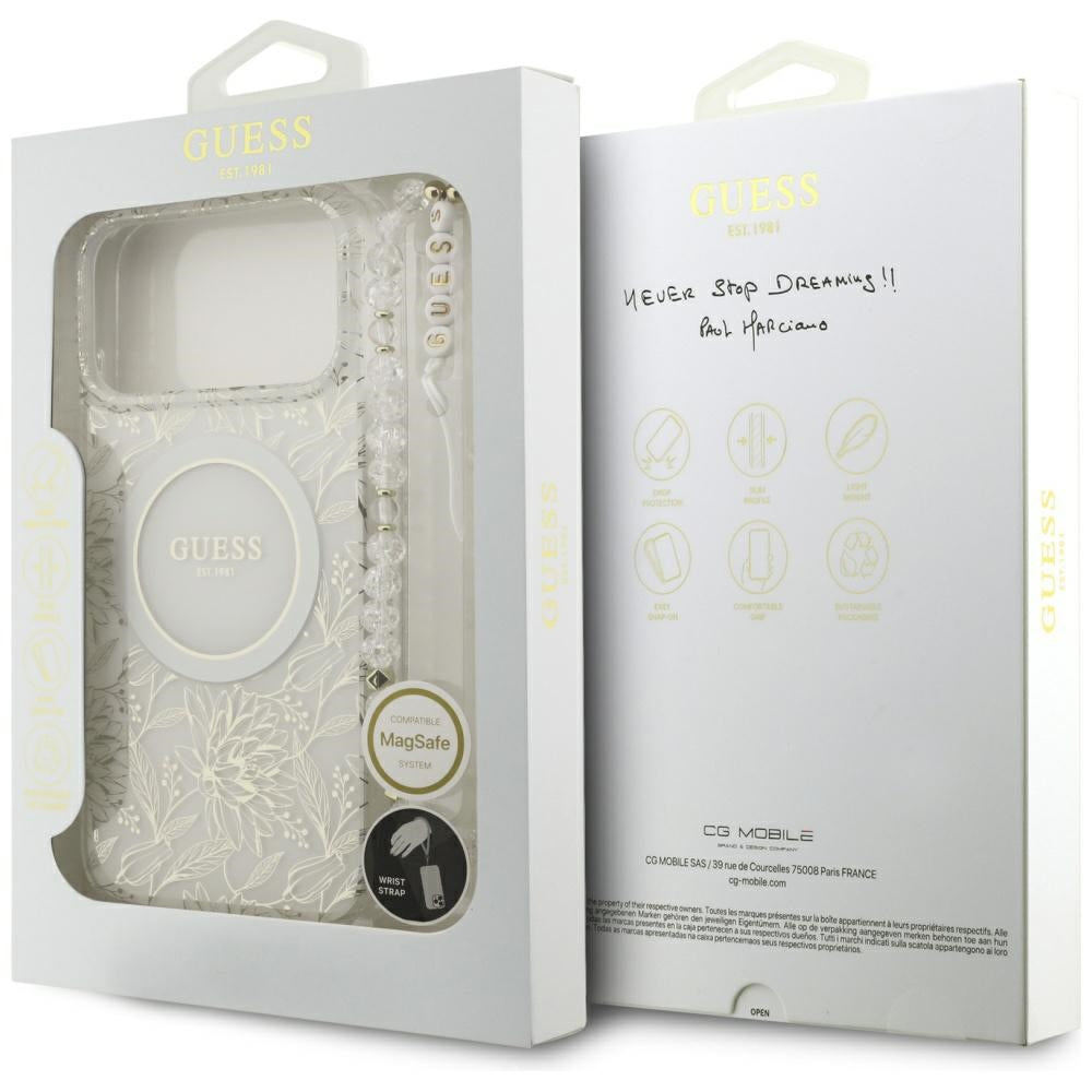 MagSafe-kotelo Apple iPhone 17 Pro Maxille, Guess, IML Flowers Allover Electroplated with Pearl Strap, Valkoinen