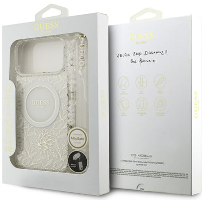 MagSafe-kotelo Apple iPhone 17 Pro Maxille, Guess, IML Flowers Allover Electroplated with Pearl Strap, Valkoinen