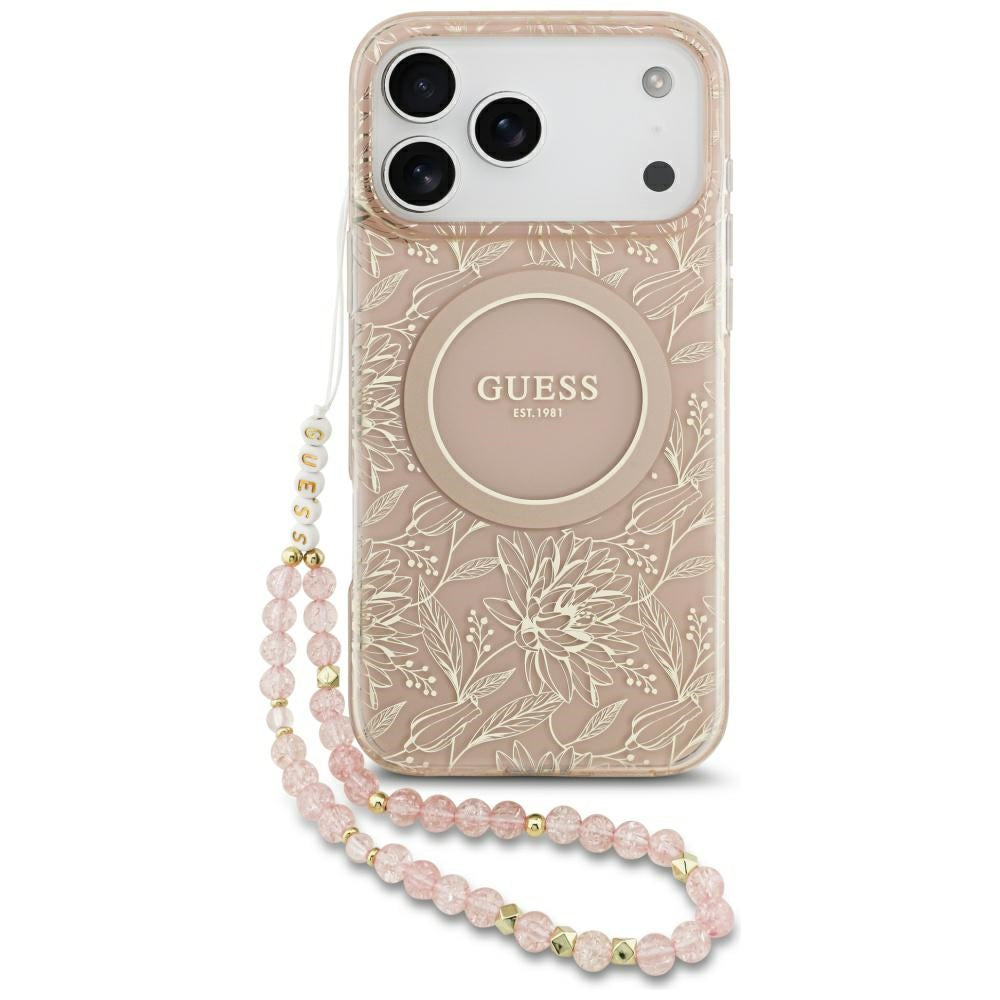 MagSafe-kotelo Apple iPhone 17 Pro Maxille, Guess, IML Flowers Allover Electroplated with Pearl Strap, Pinkki