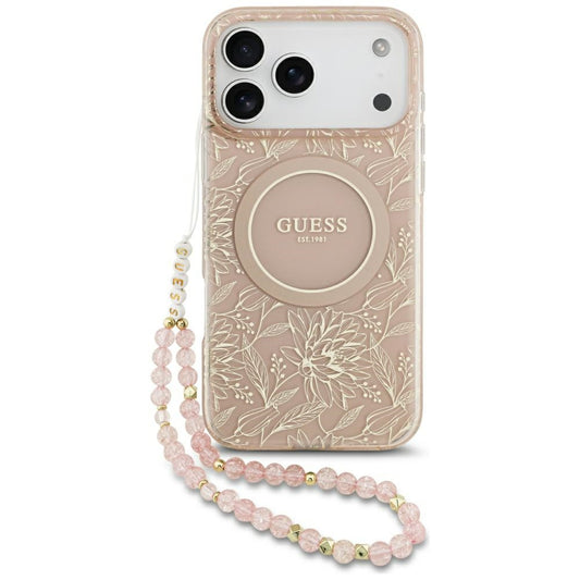 MagSafe-kotelo Apple iPhone 17 Pro Maxille, Guess, IML Flowers Allover Electroplated with Pearl Strap, Pinkki