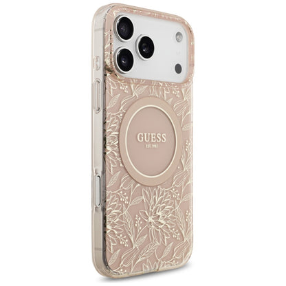 MagSafe-kotelo Apple iPhone 17 Pro Maxille, Guess, IML Flowers Allover Electroplated with Pearl Strap, Pinkki
