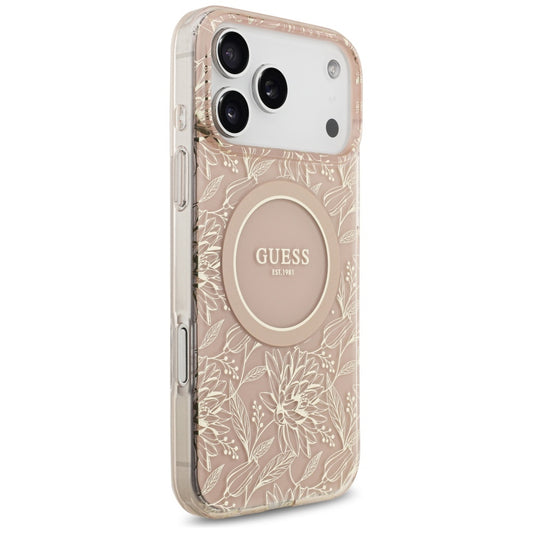 MagSafe-kotelo Apple iPhone 17 Pro Maxille, Guess, IML Flowers Allover Electroplated with Pearl Strap, Pinkki