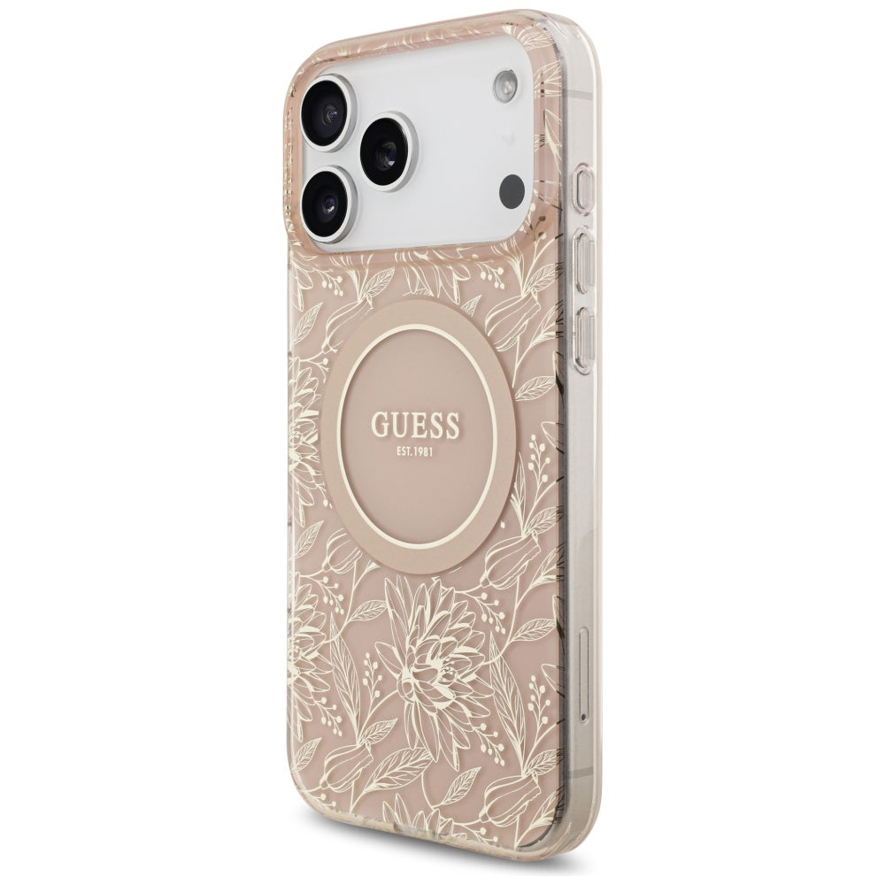 MagSafe-kotelo Apple iPhone 17 Pro Maxille, Guess, IML Flowers Allover Electroplated with Pearl Strap, Pinkki