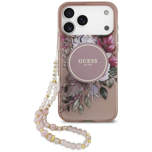 MagSafe-kotelo Apple iPhone 17 Pro Maxille, Guess, IML Flowers with Pearl Strap, Pinkki