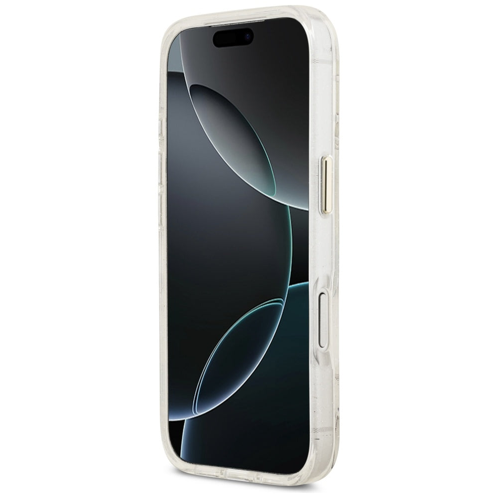 MagSafe-kotelo Apple iPhone 17 Pro Maxille, Guess, IML Metal Glitter Flowers Triangle, Valkoinen