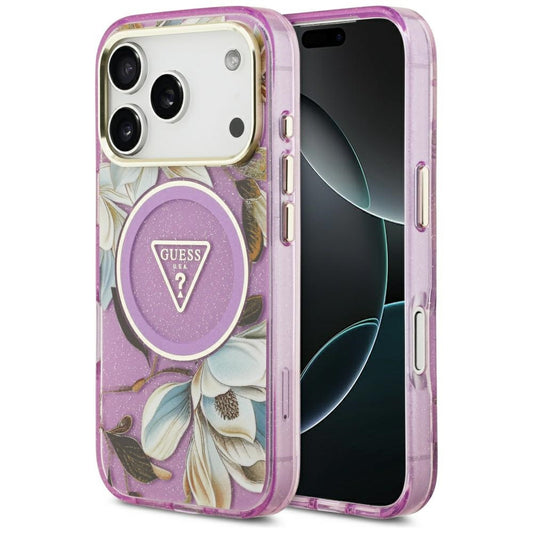 MagSafe-kotelo Apple iPhone 17 Pro Maxille, Guess, IML Metal Glitter Flowers Triangle, Violetti