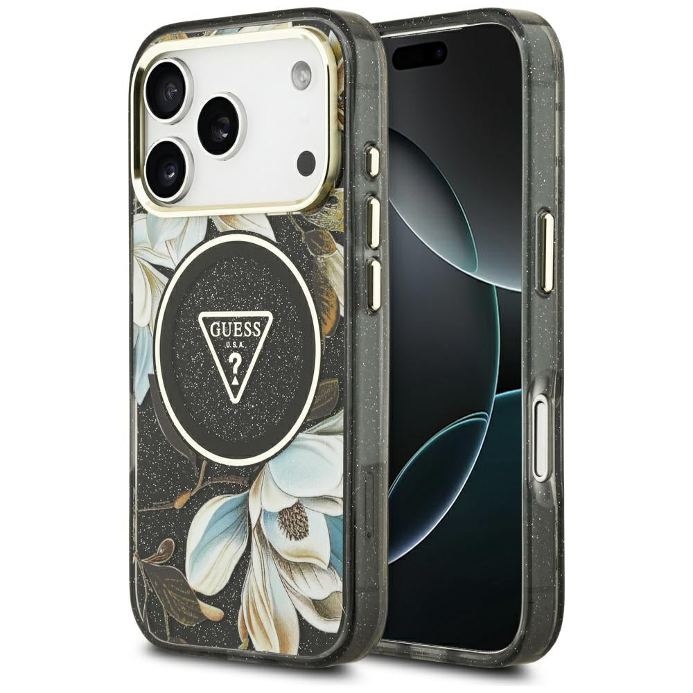 MagSafe-kotelo Apple iPhone 17 Pro Maxille, Guess, IML Metal Glitter Flowers Triangle, Musta