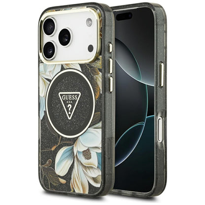 MagSafe-kotelo Apple iPhone 17 Pro Maxille, Guess, IML Metal Glitter Flowers Triangle, Musta
