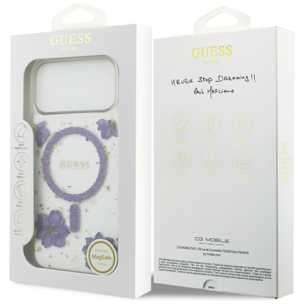MagSafe-kotelo Apple iPhone 17 Pro Maxille, Guess, Resin Flowers and Glitter, Liila
