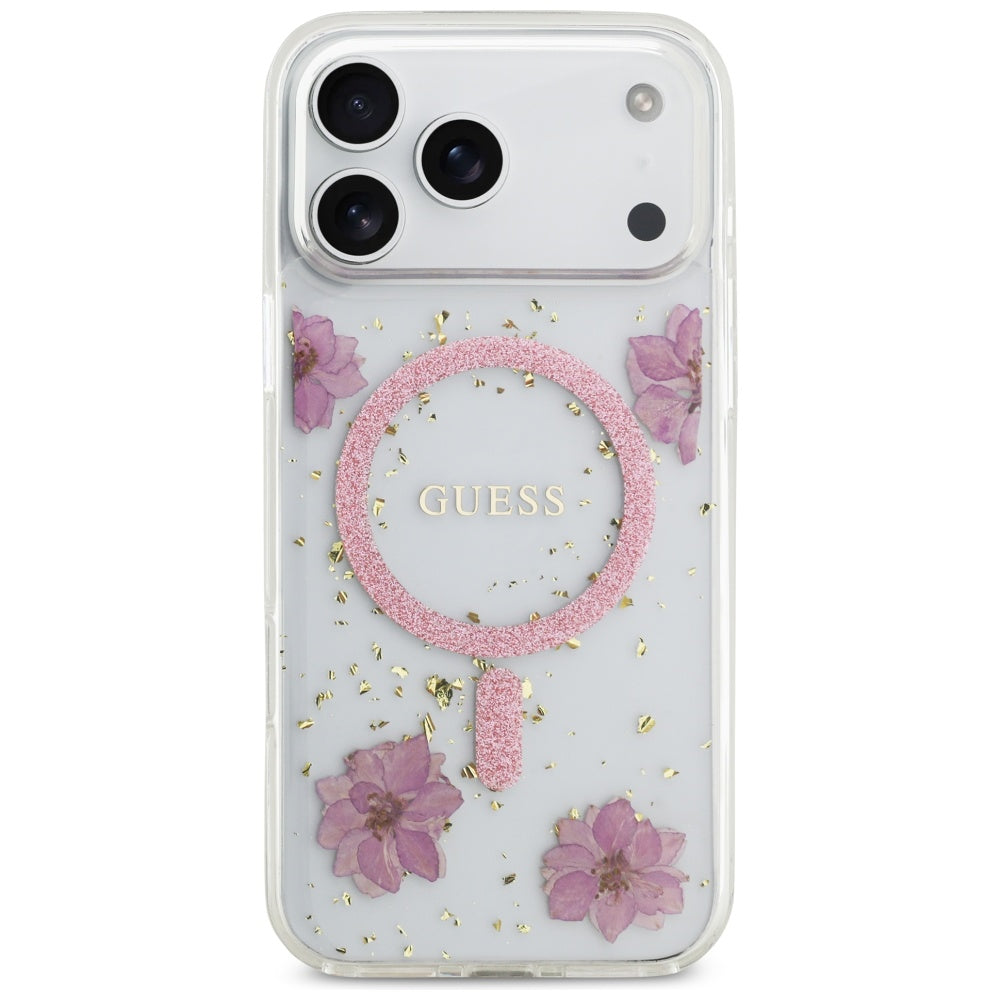 MagSafe-kotelo Apple iPhone 17 Pro Maxille, Guess, Resin Flowers and Glitter, Pinkki