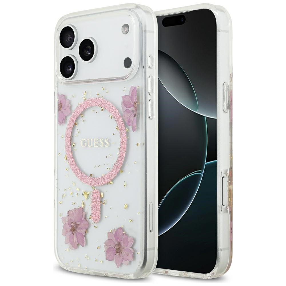 MagSafe-kotelo Apple iPhone 17 Pro Maxille, Guess, Resin Flowers and Glitter, Pinkki